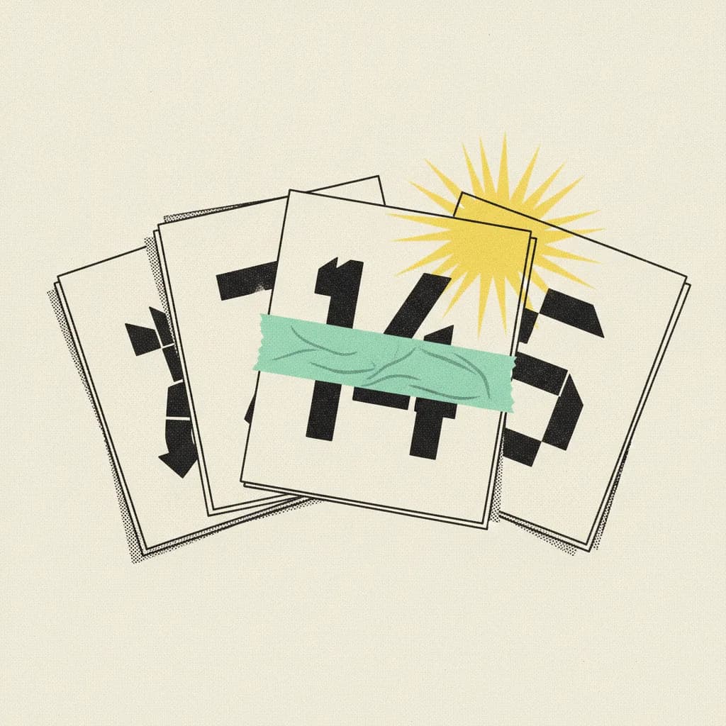 Three stacked calendar pages with stamped dates, brutalist illustration on cream background