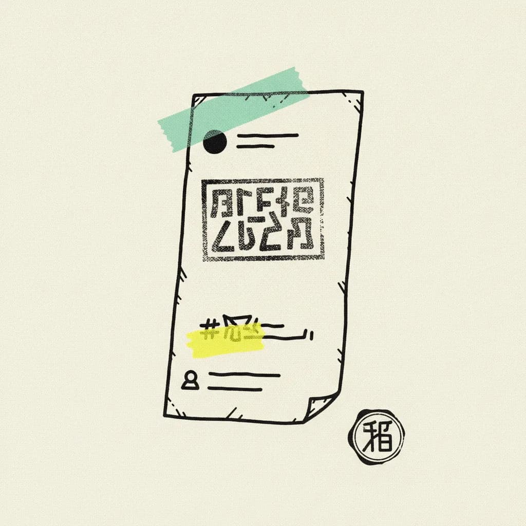 Brutalist editorial illustration of a paper smartphone post mock-up on cream paper with a rubber stamp pressed across the caption area, a mint tape strip in the corner and a yellow highlighter blob across a hashtag-shaped mark