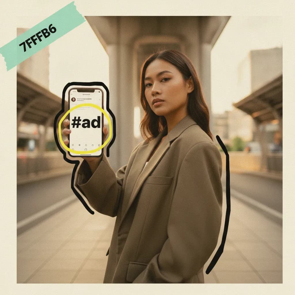 A Bangkok Thai creator holding her phone showing an Instagram story with a visible paid-partnership tag on Sukhumvit at golden hour