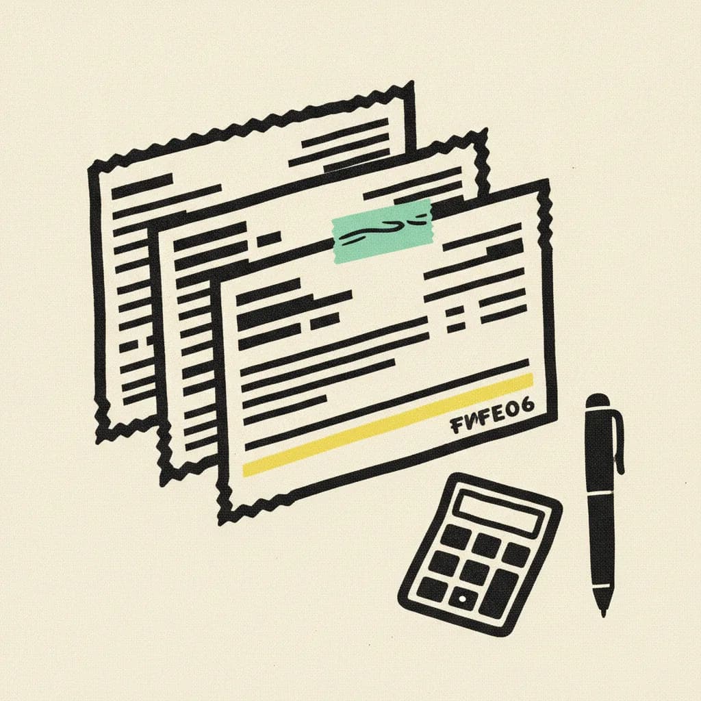 Three stacked invoice stubs with mint tape and yellow highlight, brutalist editorial illustration