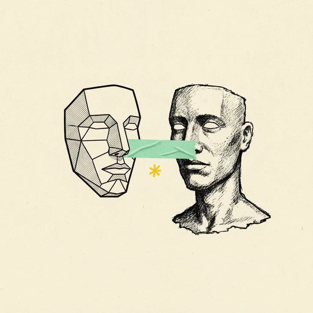 Two facing brutalist masks on cream paper, one smooth CGI outline, one hand-drawn portrait, mint tape strip stretched between them with a yellow asterisk mark.