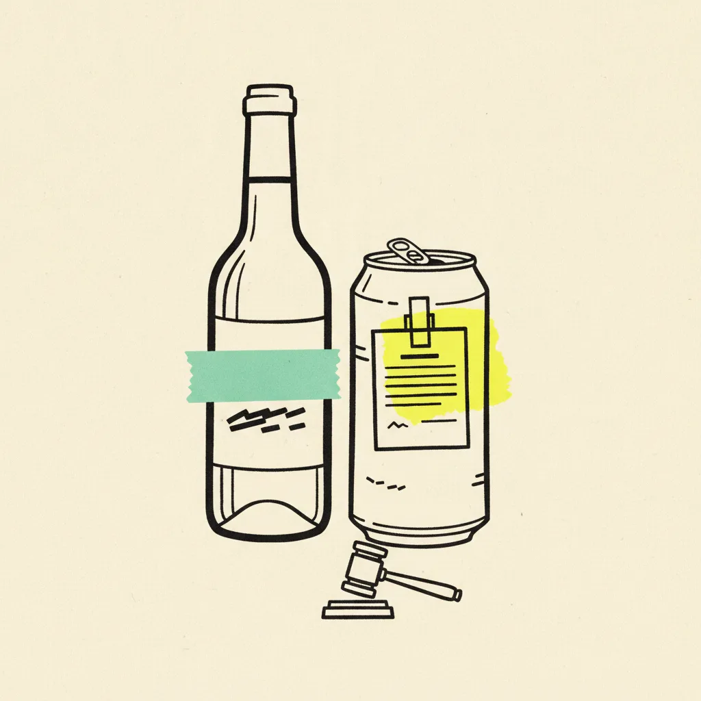 Brutalist editorial illustration of a paper wine bottle and beer can on cream paper with the bottle label redacted by a mint tape strip, a yellow highlighter blob behind a legal notice card and a small ink gavel at the base
