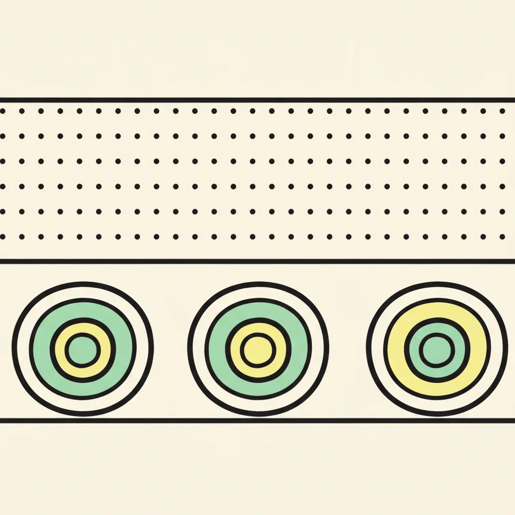 Brutalist illustration of two parallel timelines, one filled with small evenly spaced ink dots, one with three large concentric burst marks