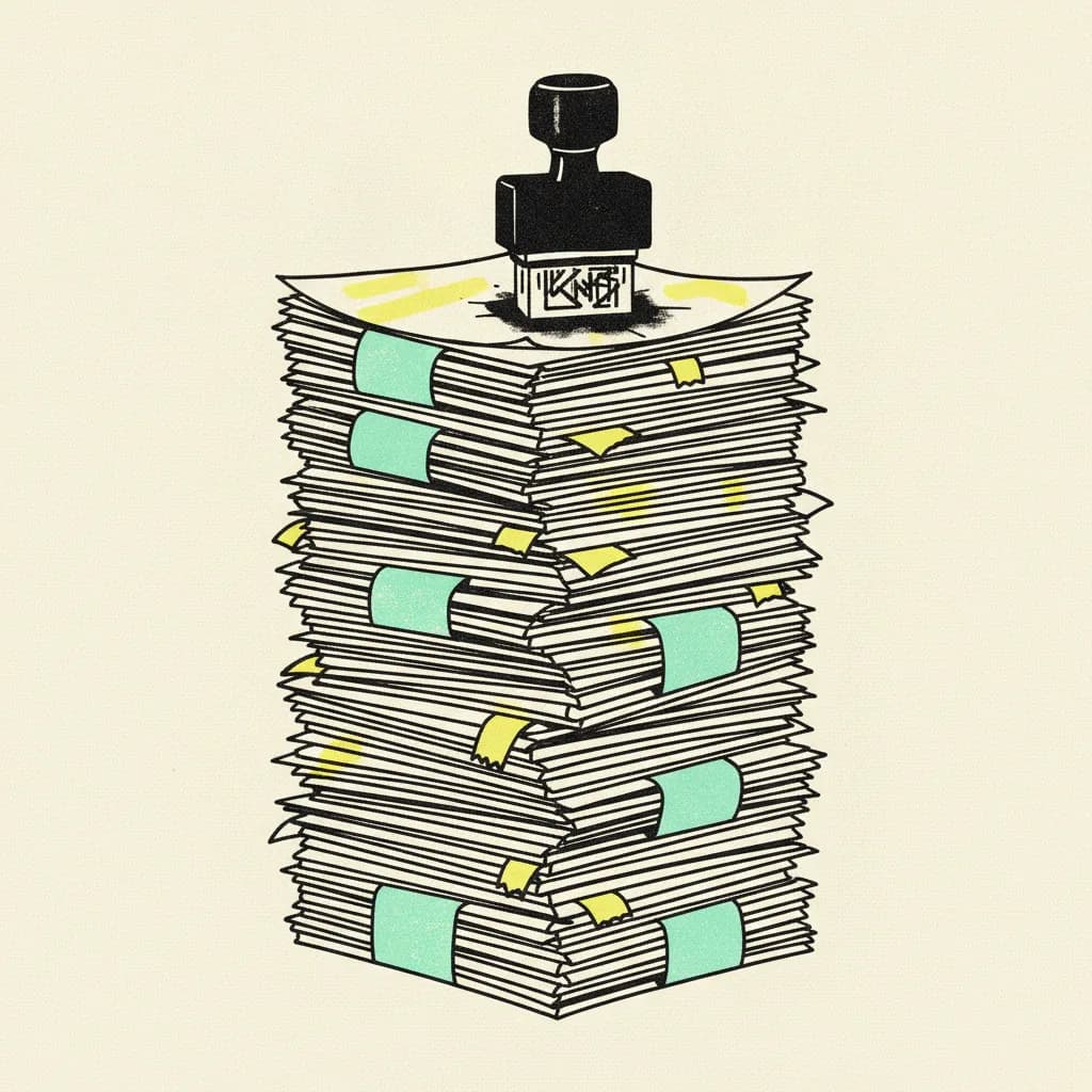 Brutalist illustration of a stack of briefs with mint tape, yellow highlights, and a half-pressed ink stamp sitting on top.