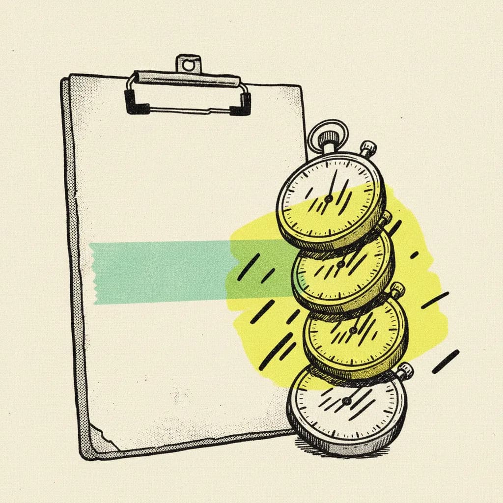 Brutalist editorial illustration of a paper clipboard beside a stack of stopwatches with a mint tape strip across the clipboard and a yellow highlighter blob behind the stopwatch faces.