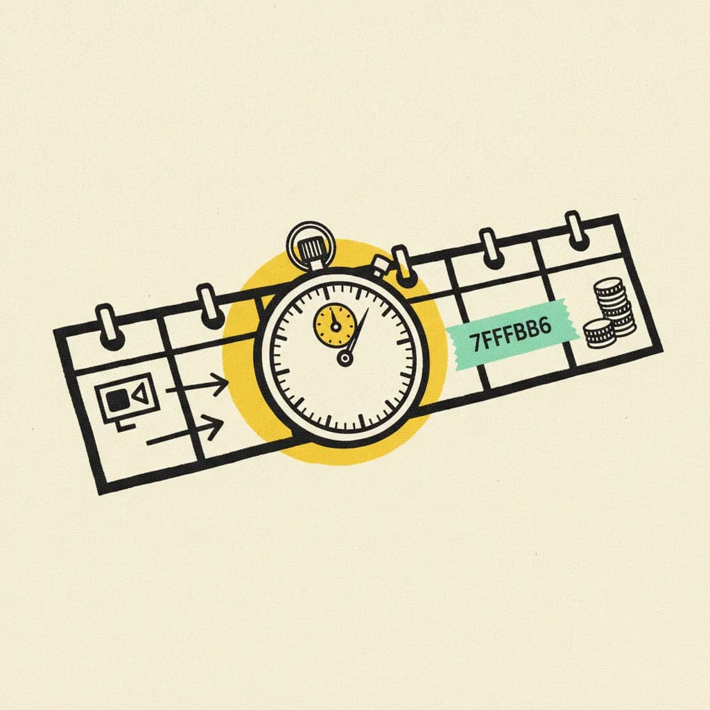 Brutalist paper illustration of a stopwatch over a seven-day calendar strip, mint tape across day three and a paper arrow from a Reel icon on day one to a coin stack on day five.