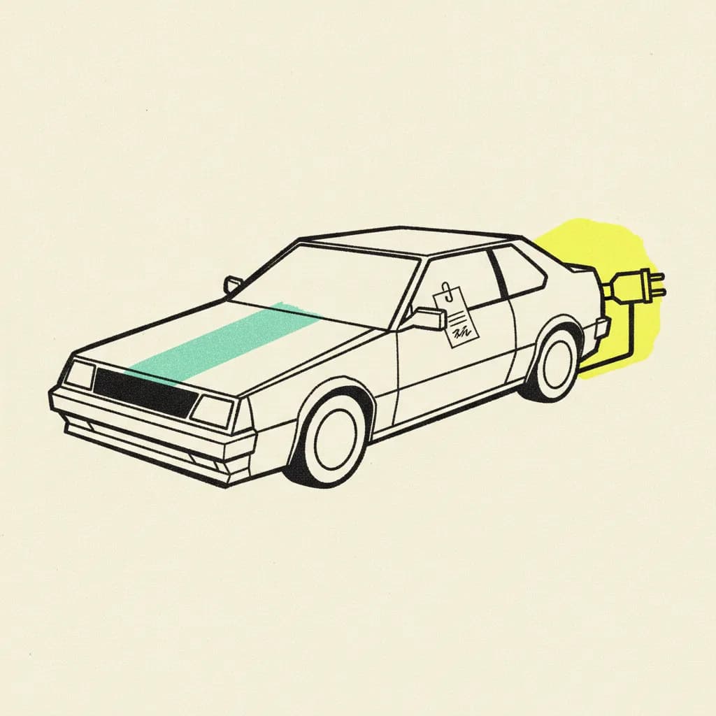 Brutalist editorial illustration of a paper car silhouette on cream paper with a mint tape strip diagonally across the bonnet, a yellow highlighter blob behind an EV charging plug clipped to the rear bumper, and a small ink price tag paperclipped to the wing mirror