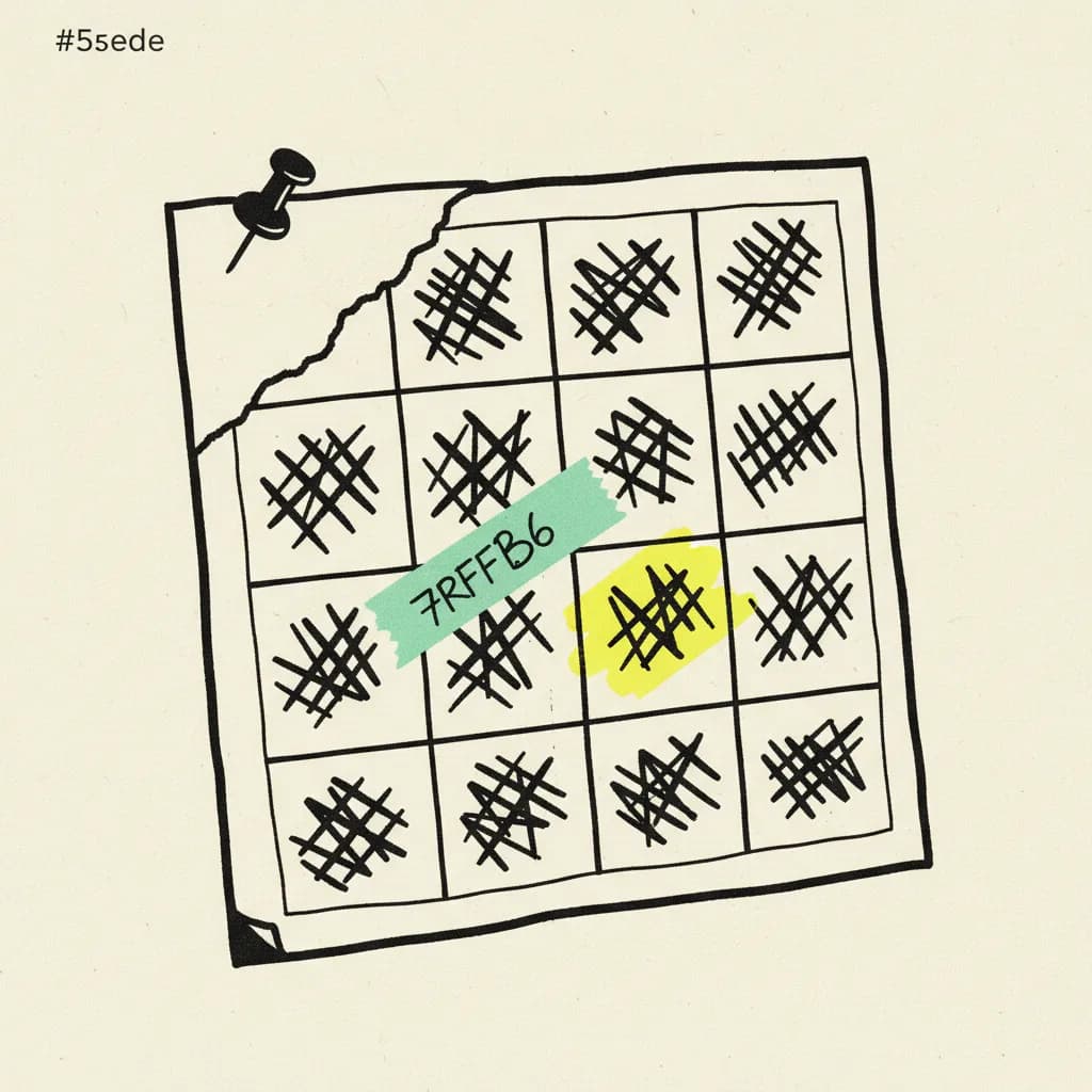 Brutalist editorial illustration of a torn paper wall calendar on cream background with one date block wrapped in a mint tape strip and another marked with a yellow highlighter blob, ink dash marks where dates would be, thin black pin in the top corner