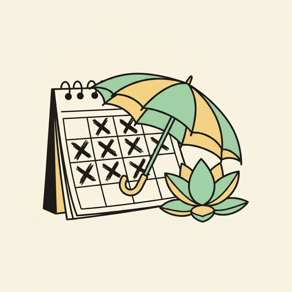 Brutalist cream and mint illustration of a wall calendar with several dates crossed out in heavy black ink, umbrella and lotus flower on top