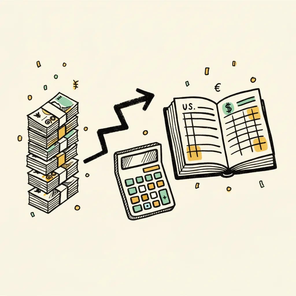 Brutalist illustration of a stack of Thai baht notes connected by a jagged ink arrow to a US dollar ledger, calculator between them on a cream background.