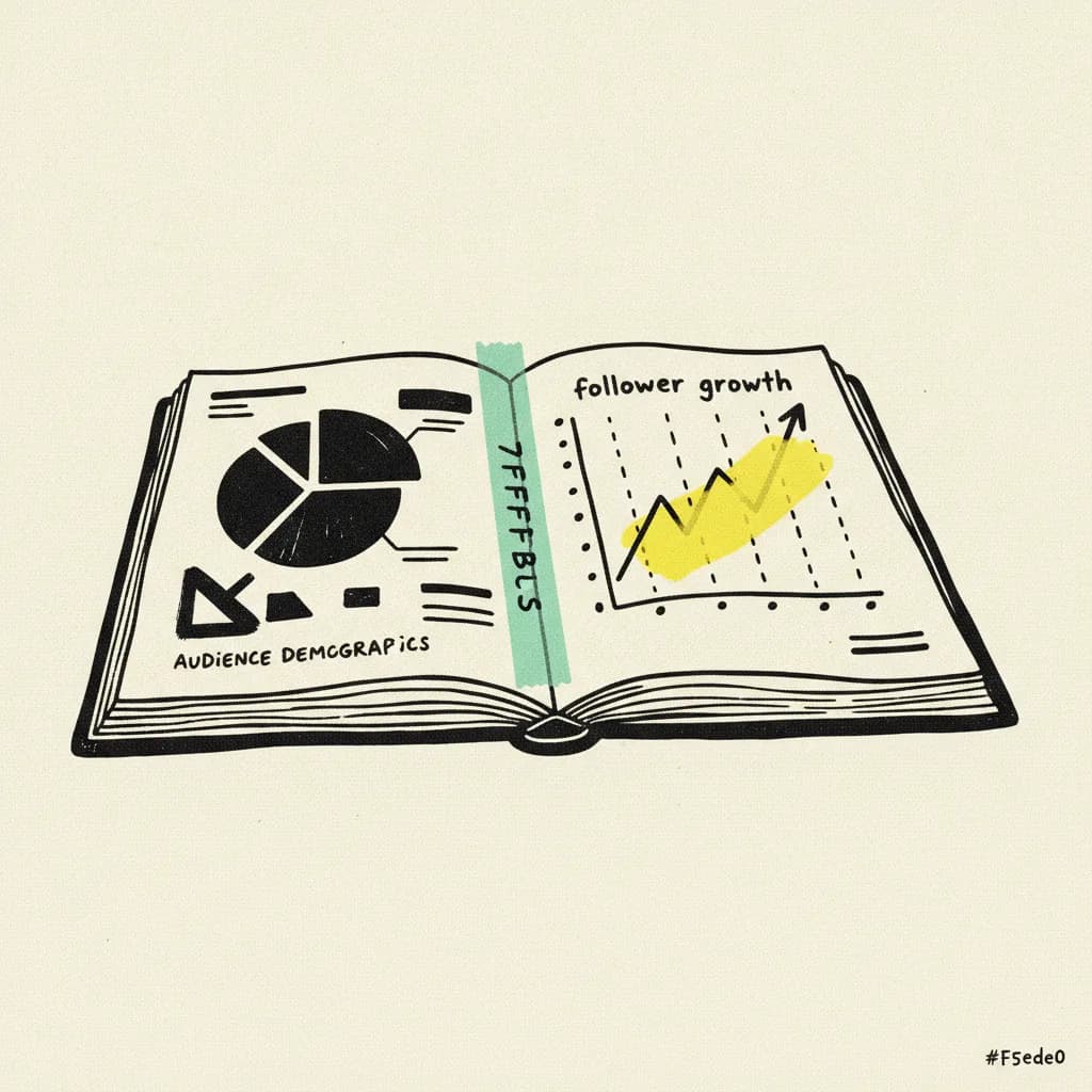Brutalist editorial illustration of a paper creator media kit binder splayed open on cream paper, one page an audience pie chart, one a follower growth line, mint tape strip across the spine and a yellow highlighter blob on the curve.
