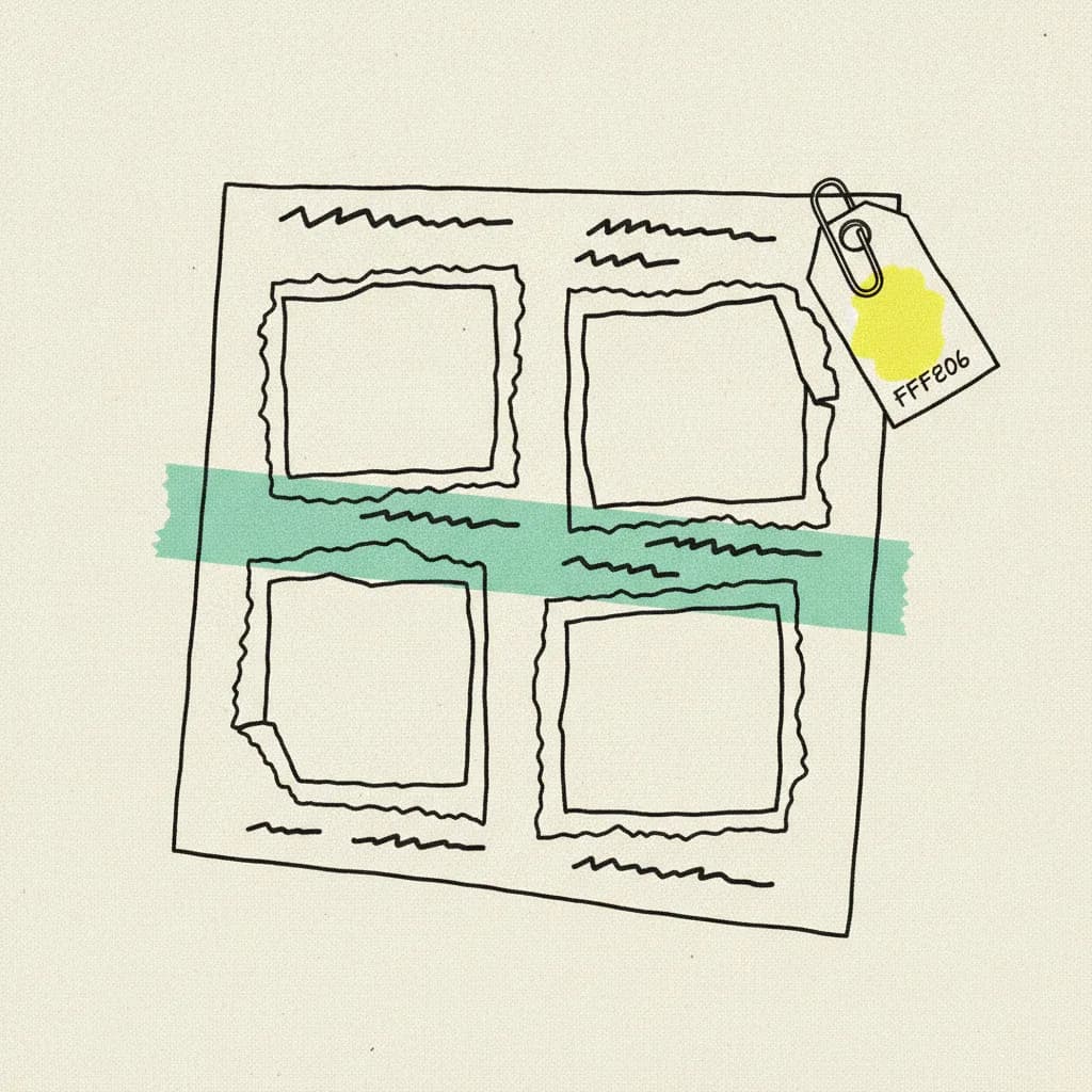Brutalist editorial illustration of a paper studio call-sheet grid on cream paper with four camera-frame slots wrapped in a mint tape strip and a yellow highlighter blob on a paper price tag paperclipped to the corner