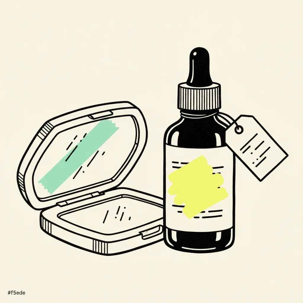 Brutalist editorial illustration of a paper makeup compact and dropper bottle on cream paper, mint tape strip across the compact mirror, yellow highlighter blob on the dropper label, small ink price tag clipped to the bottle