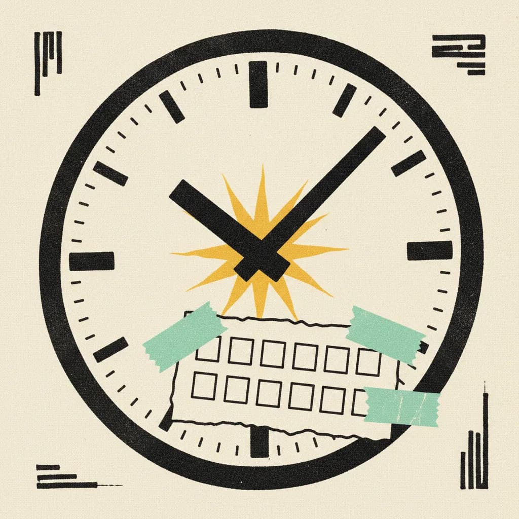 Brutalist paper illustration of a wall clock over a torn seven-day calendar strip, mint tape covering two of the day boxes, yellow sunburst behind the clock face.