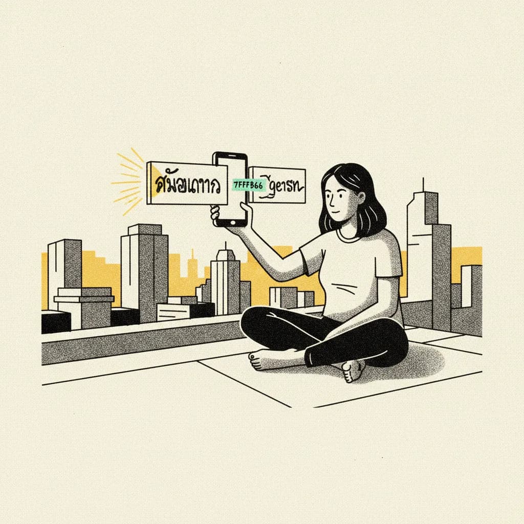Brutalist illustration of a Thai creator on a Bangkok rooftop holding a phone displaying two caption drafts, one Thai script, one English, mint tape connecting them.
