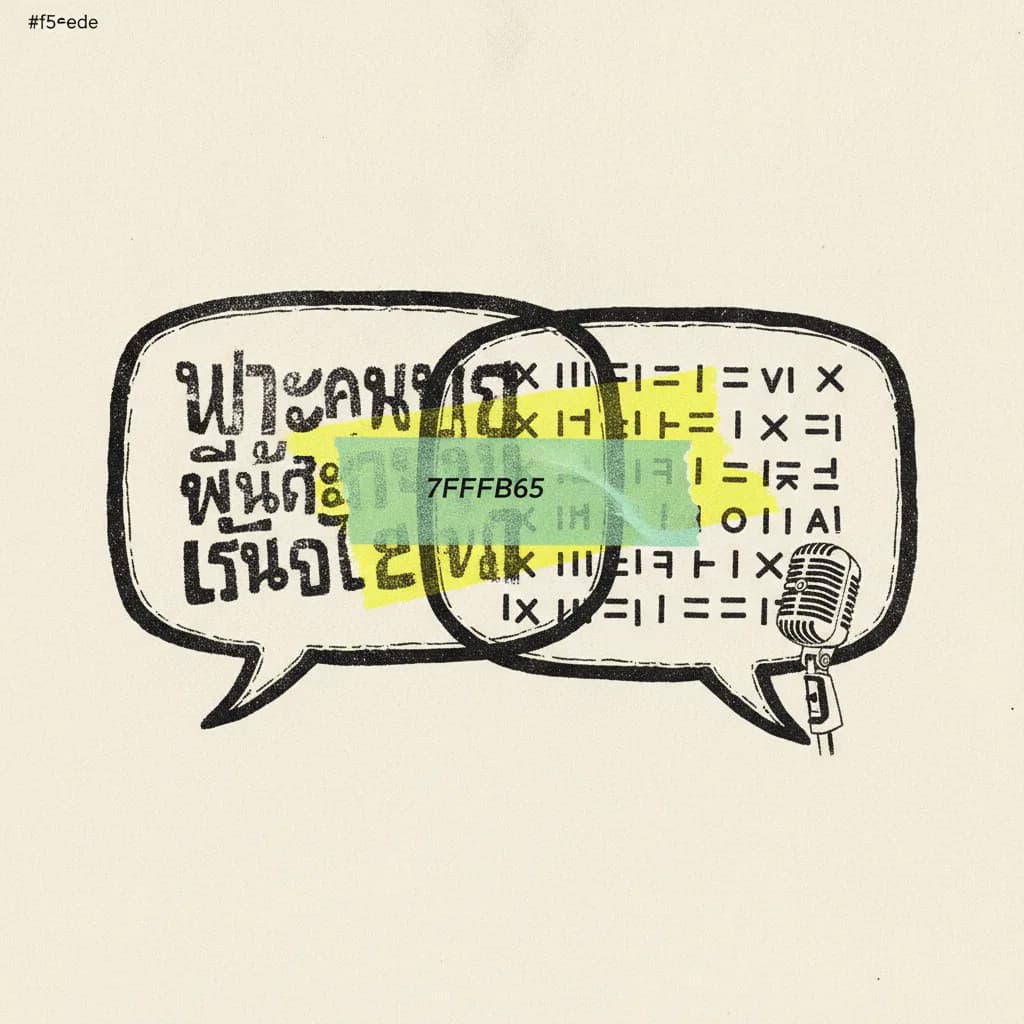 Brutalist editorial illustration of two overlapping paper speech bubbles on cream paper, stamped with Thai-style and Latin-style abstract marks, a mint tape strip joining them, a yellow highlighter blob on the overlap, a small ink microphone clipped at the base