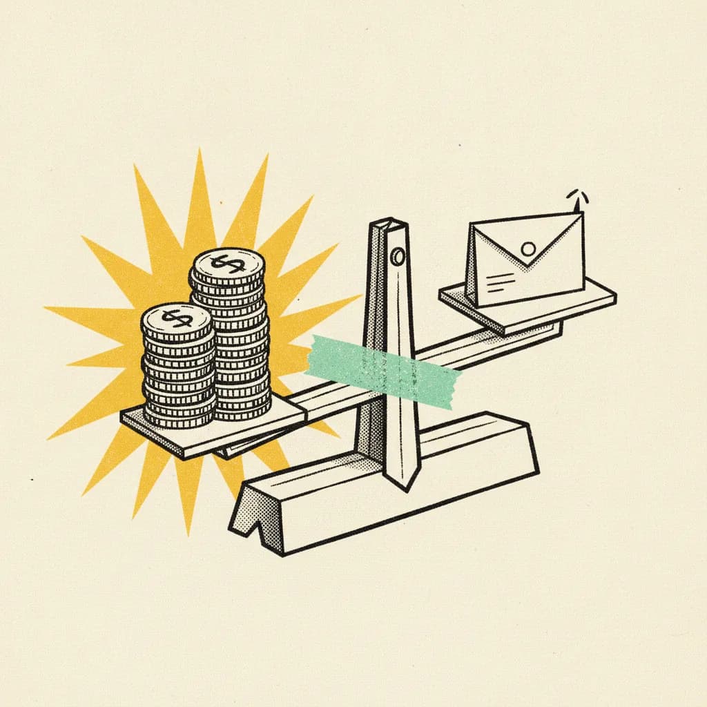 Brutalist paper illustration of a balance scale weighing a stack of coins against a folded video-post card, mint tape across the beam and a yellow burst behind the coins.