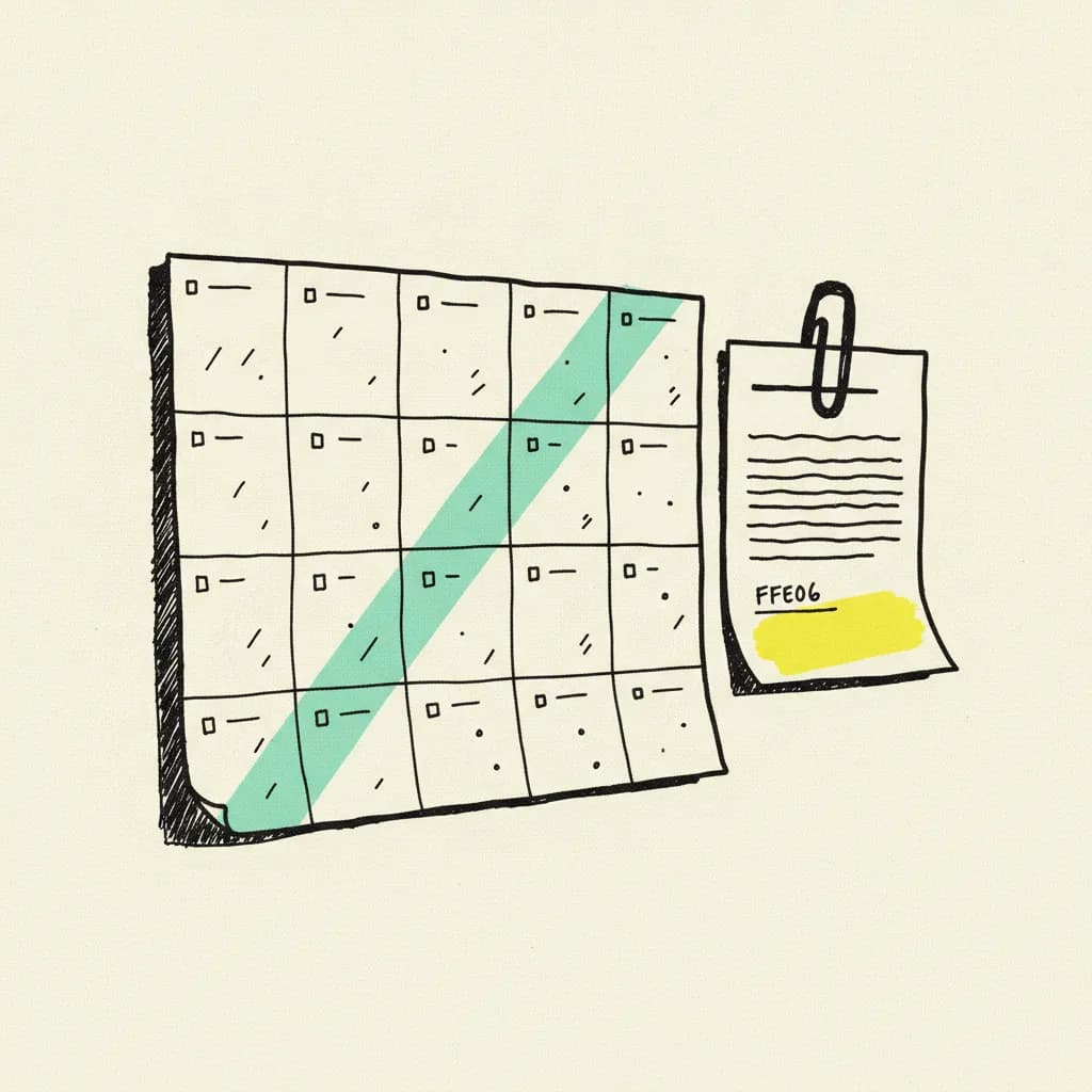 Brutalist editorial illustration of a paper twelve-month wall calendar on cream paper with a mint tape strip wrapping diagonally across four month blocks, a yellow highlighter blob on a contract signature line clipped to the side, and a small ink paperclip