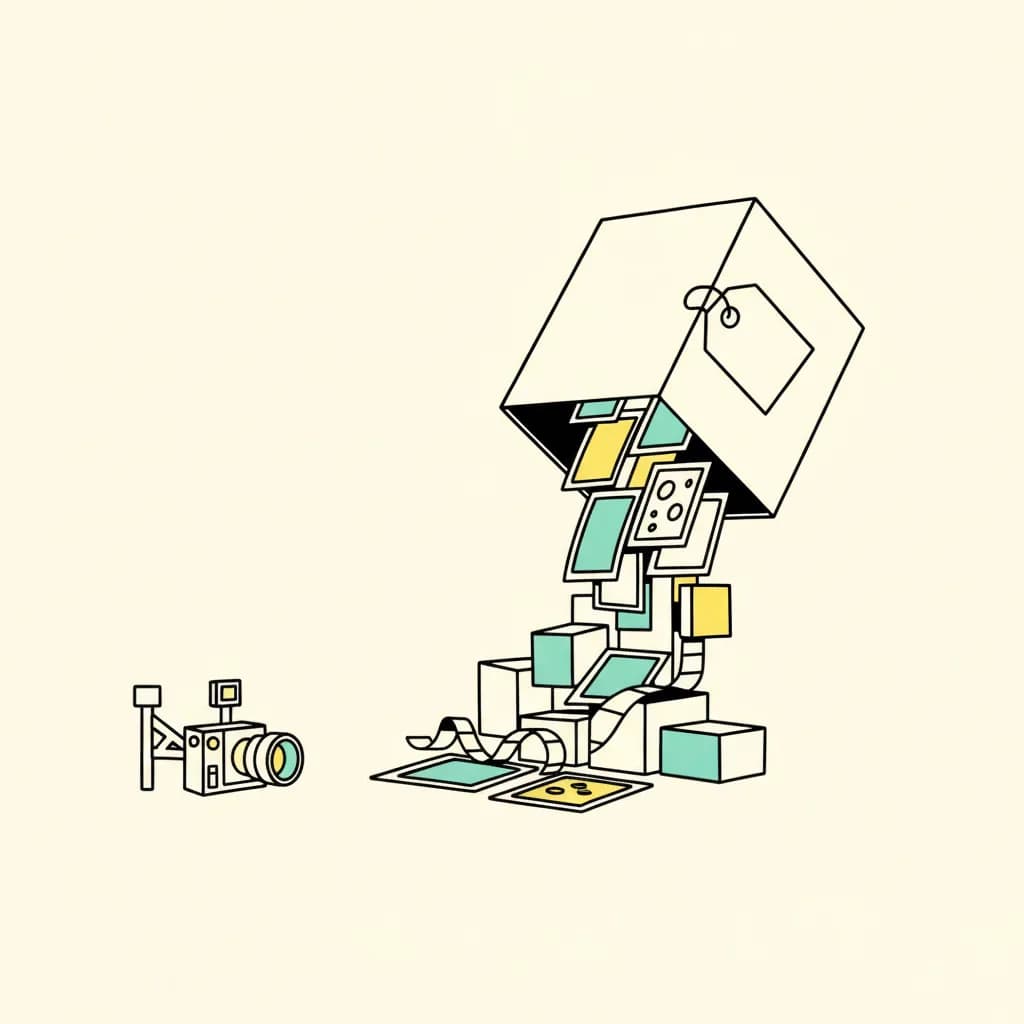 Brutalist cream and mint illustration of a shoebox spilling stacks of photo prints and reel strips next to an abandoned camera rig, representing buying existing creator content instead of commissioning new work.