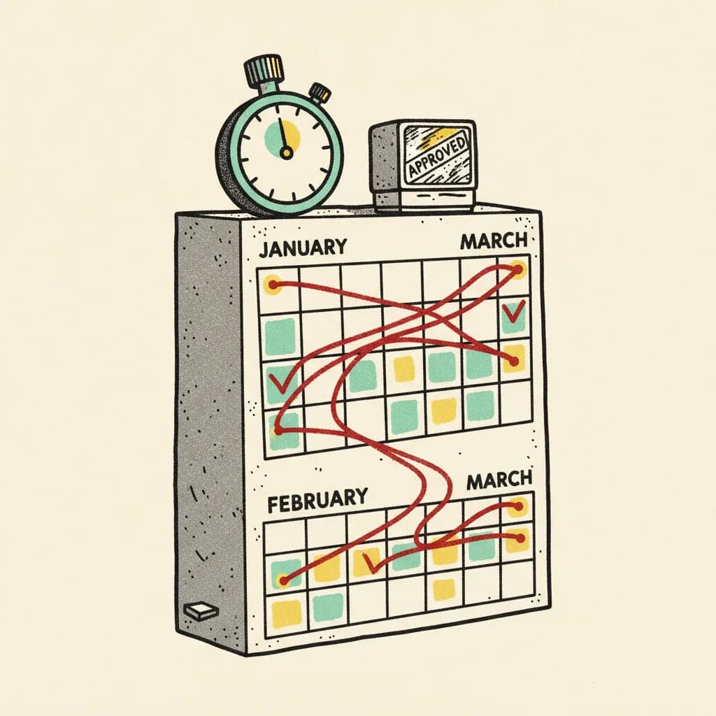 Brutalist illustration of a wall calendar with red string threading between marked dates, a stopwatch, and an approval stamp on a cream background.
