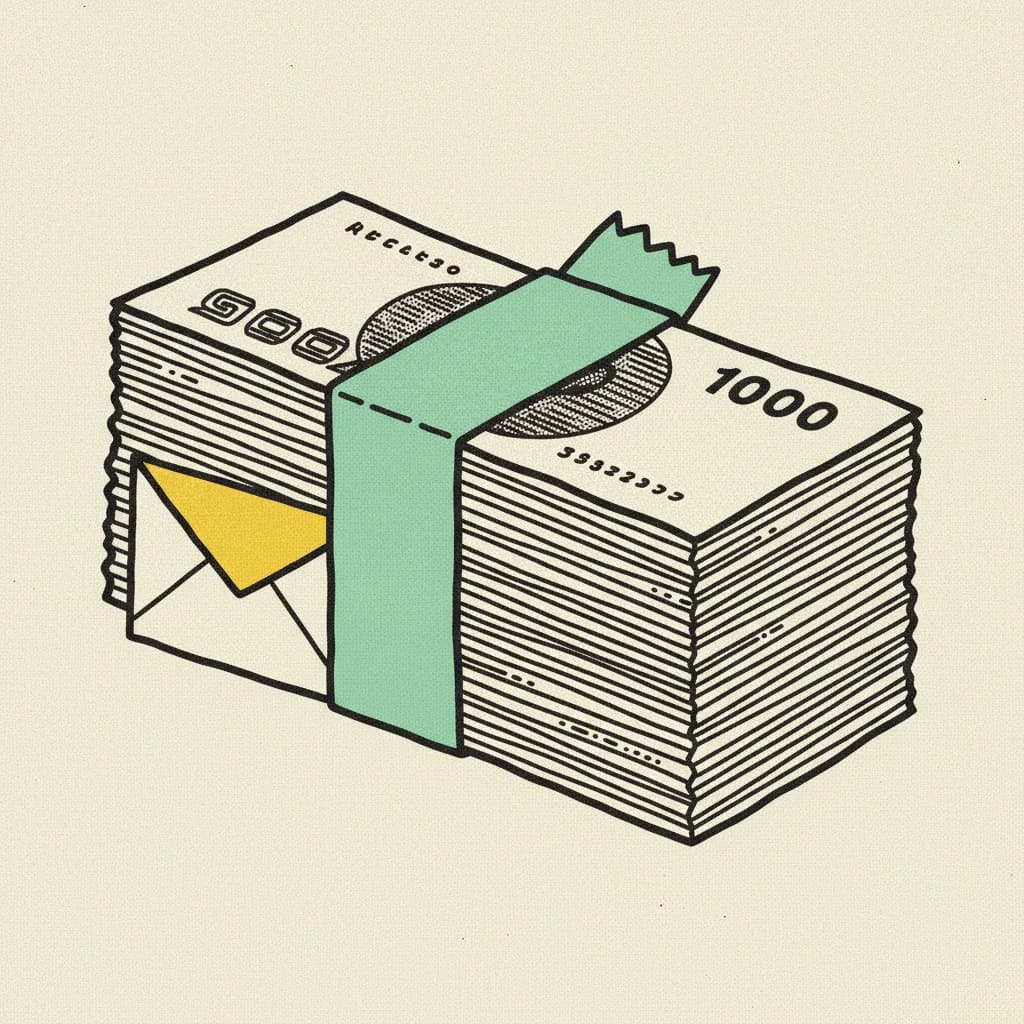 Stack of Thai banknotes bound with a mint tape strip beside a small envelope, brutalist editorial illustration on cream paper.