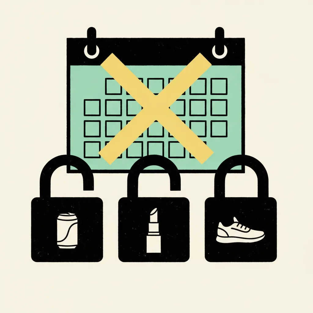 Brutalist illustration of three padlocked product categories under a calendar page with a big yellow X across a 30-day block, on cream background with mint and yellow accents.