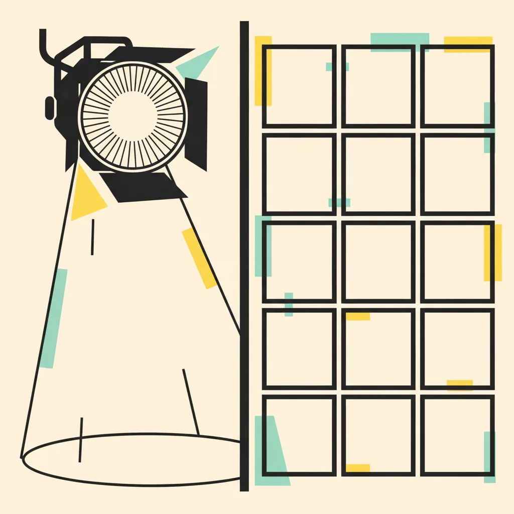Brutalist editorial illustration contrasting one giant stage spotlight on the left with a grid of twelve small blank frames on the right, split by a vertical black line, in cream, mint and yellow.