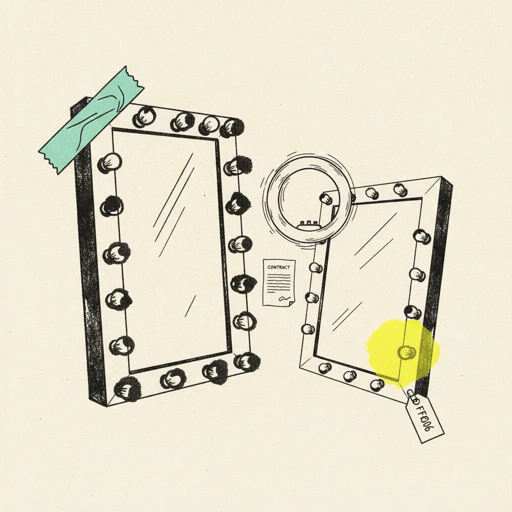 Brutalist editorial illustration of two paper dressing-room mirrors on cream paper, the left ringed with bulb marks and wrapped in a mint tape strip, the right smaller with a paper ring light and a yellow highlighter blob on a price tag, a folded paper contract between them