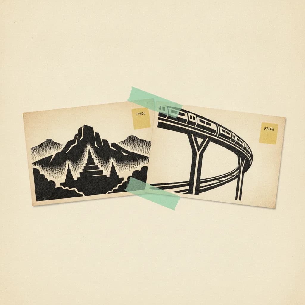 Two vintage-style Thai postcards on cream paper, one depicting a mountain temple silhouette and the other a Bangkok skytrain curve, connected by a mint tape strip.