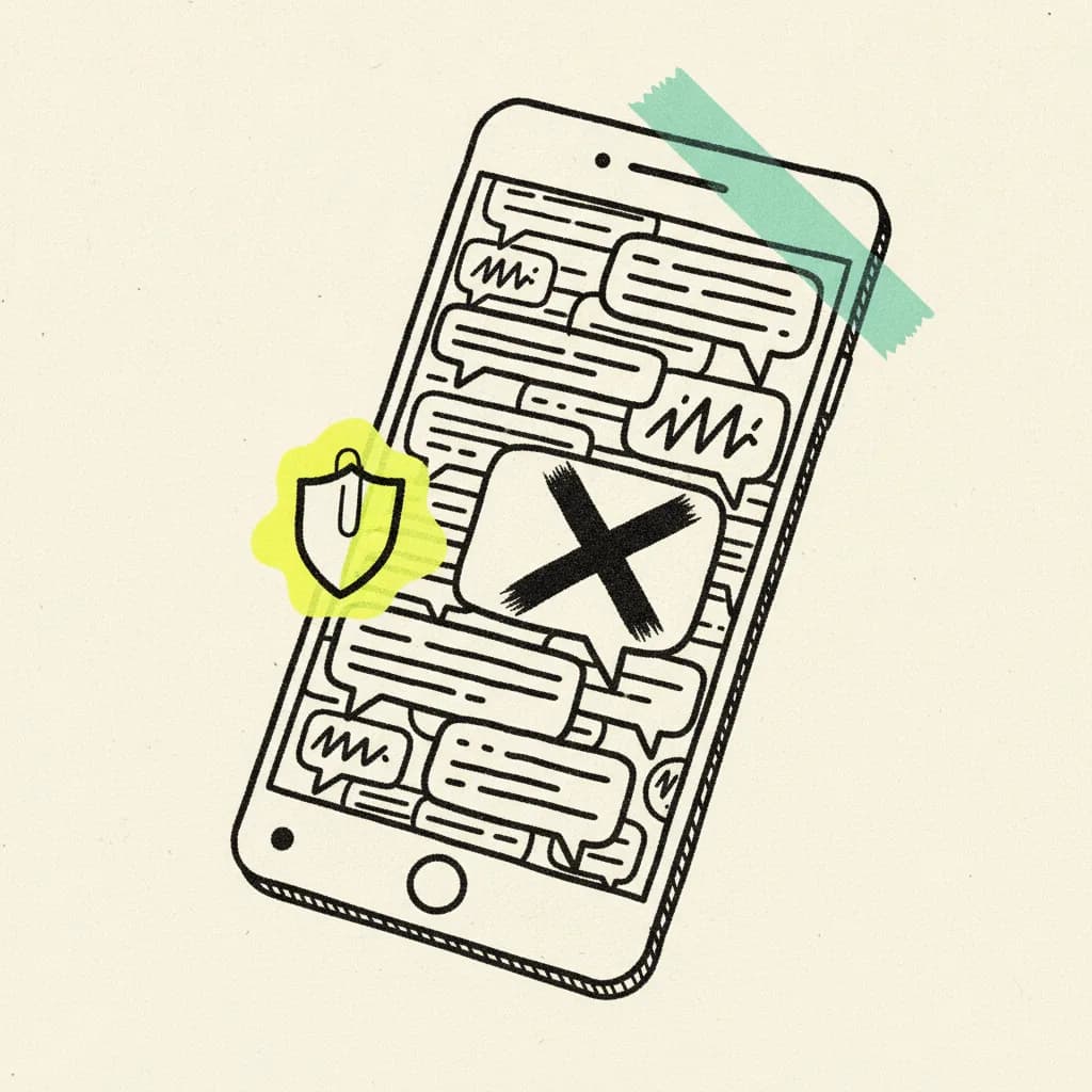 Brutalist editorial illustration of a paper smartphone showing a stack of comment bubbles on cream paper, one bubble crossed out in bold ink, mint tape strip diagonally across the screen and a yellow highlighter blob behind a paper moderator badge.