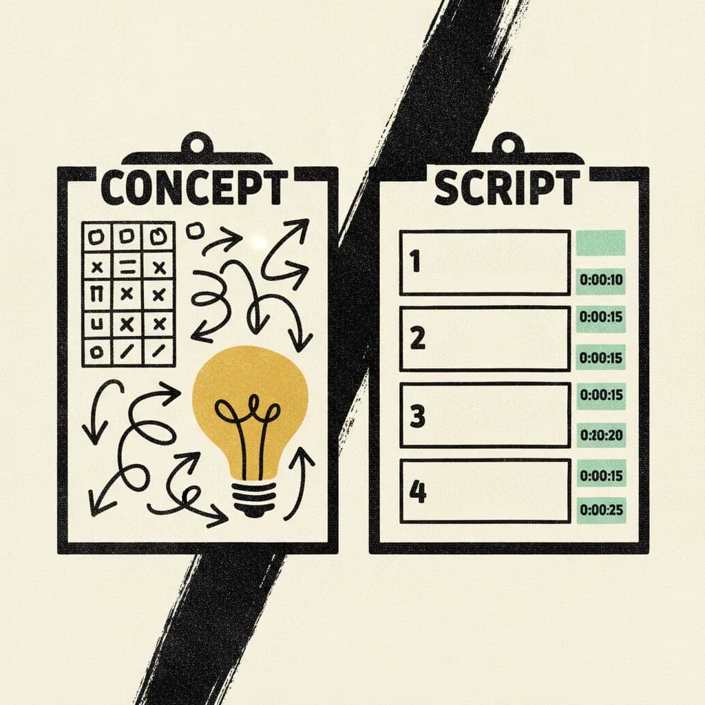 Brutalist illustration of a concept clipboard with loose arrows and a lightbulb next to a script clipboard with a rigid numbered storyboard, split by a diagonal ink stroke.