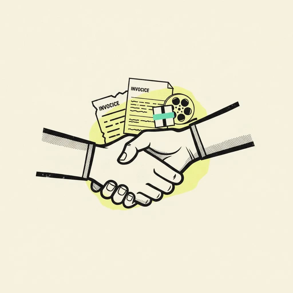 Brutalist editorial illustration of two paper hands meeting to exchange a parcel and a paper film reel on cream paper, mint tape strip across the parcel, yellow highlighter blob behind a paper invoice card with abstract dash marks
