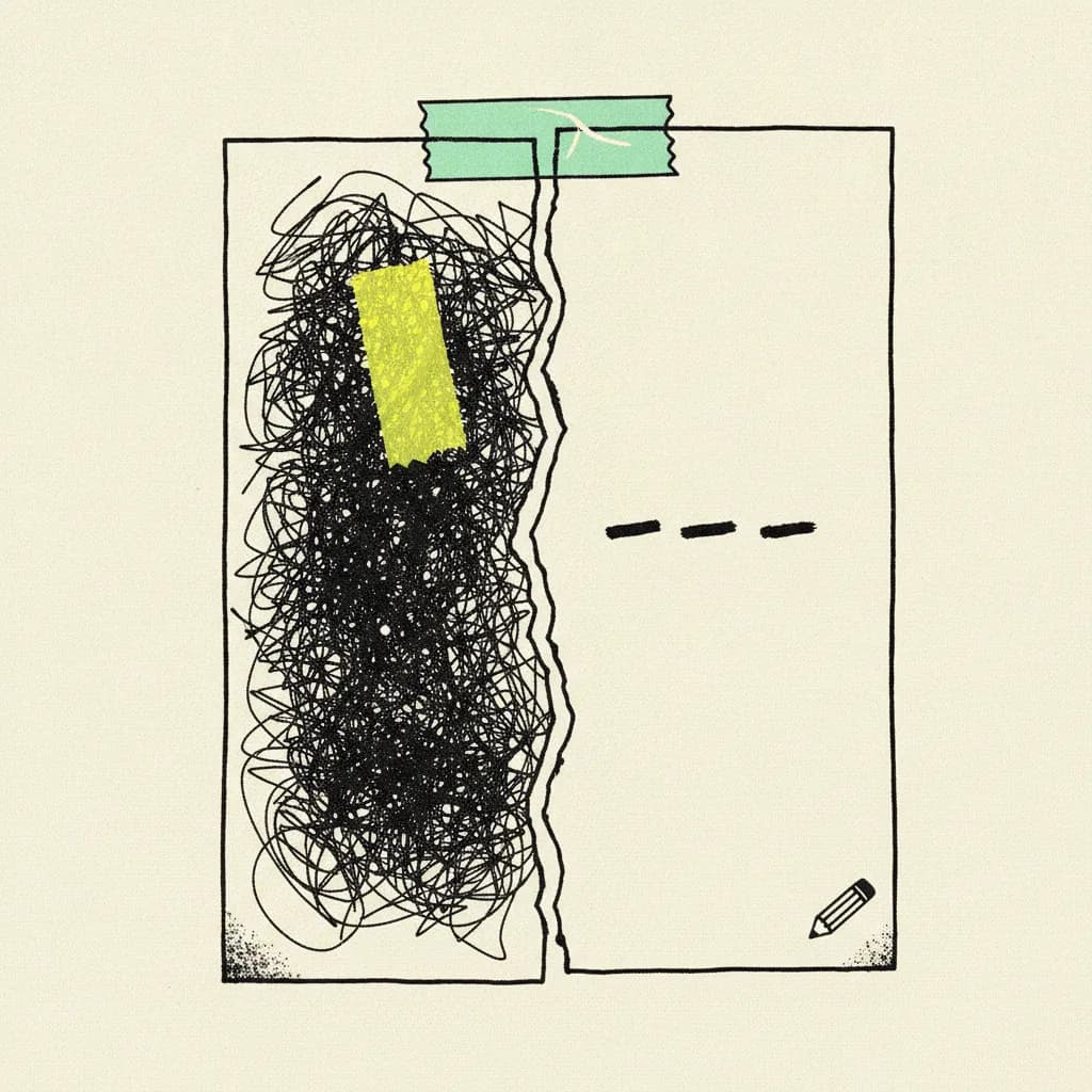 Brutalist editorial illustration of a paper script torn down the middle, one half densely scribbled and the other half nearly blank, held together by a mint tape strip across the top with a yellow highlighter blob over one line