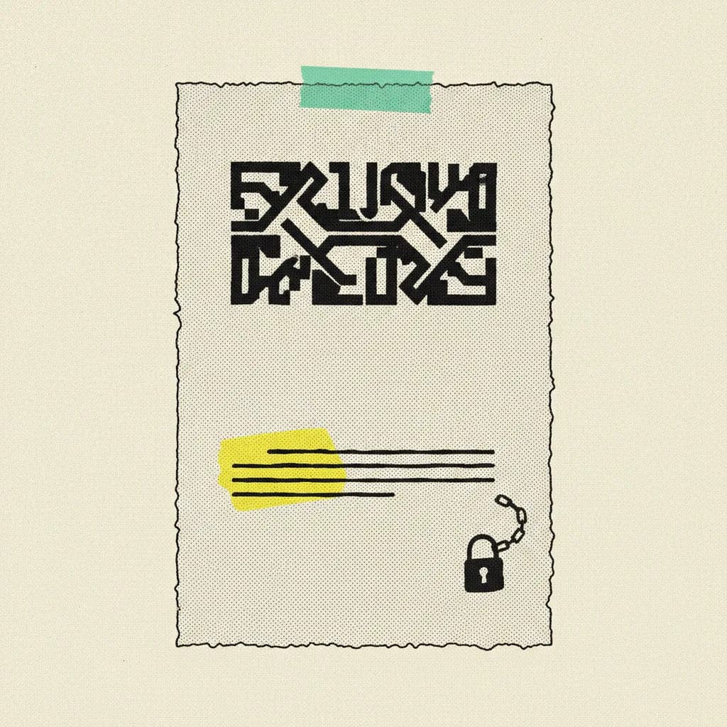 Brutalist editorial illustration of a paper contract on cream background with a thick black ink stamp across the top, a mint tape strip securing one edge, a yellow highlighter blob across one clause, and a small black ink padlock chained along the side margin