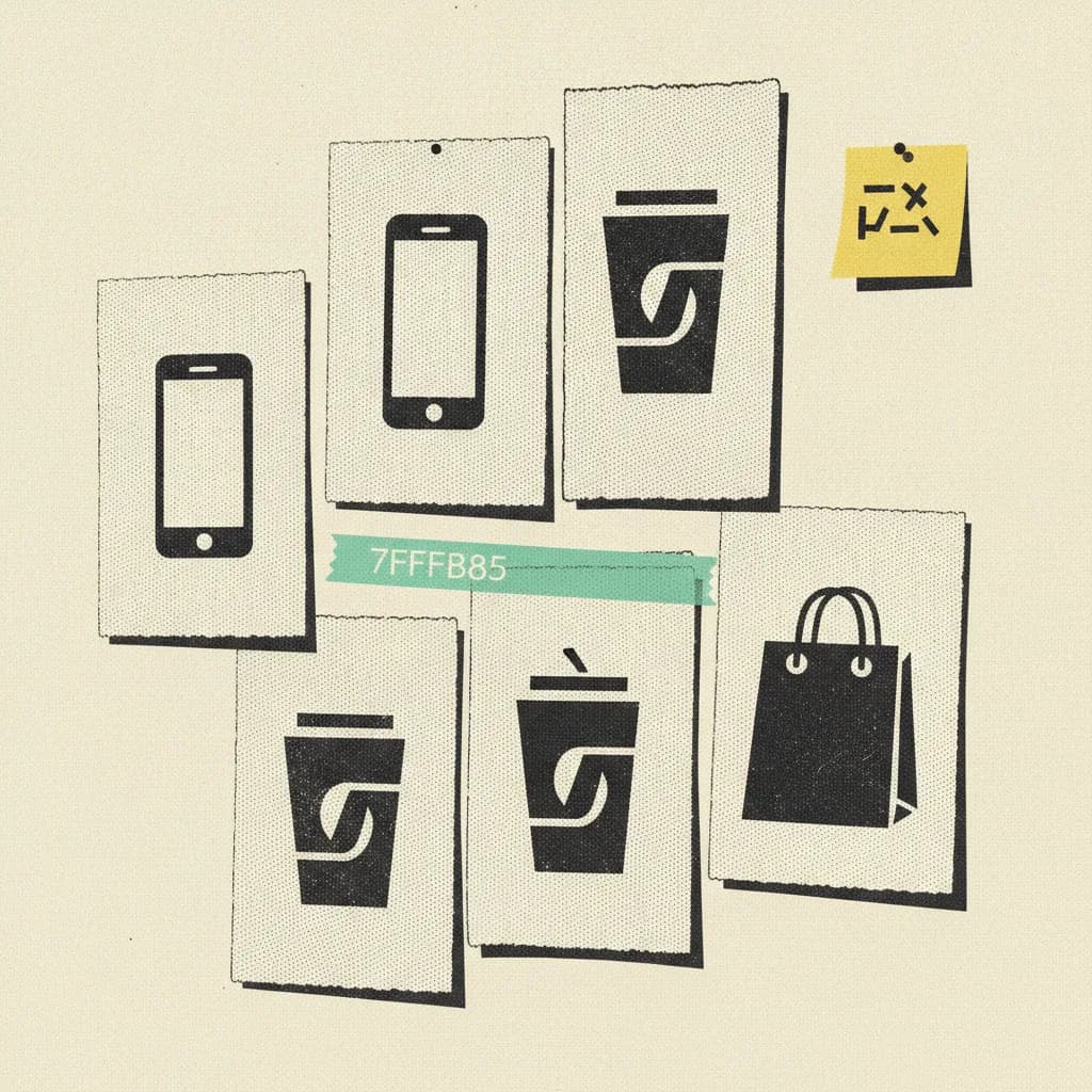 Five overlapping brutalist paper posters pinned to a cream wall with a mint tape strip across the middle poster and a yellow sticky note in the corner.