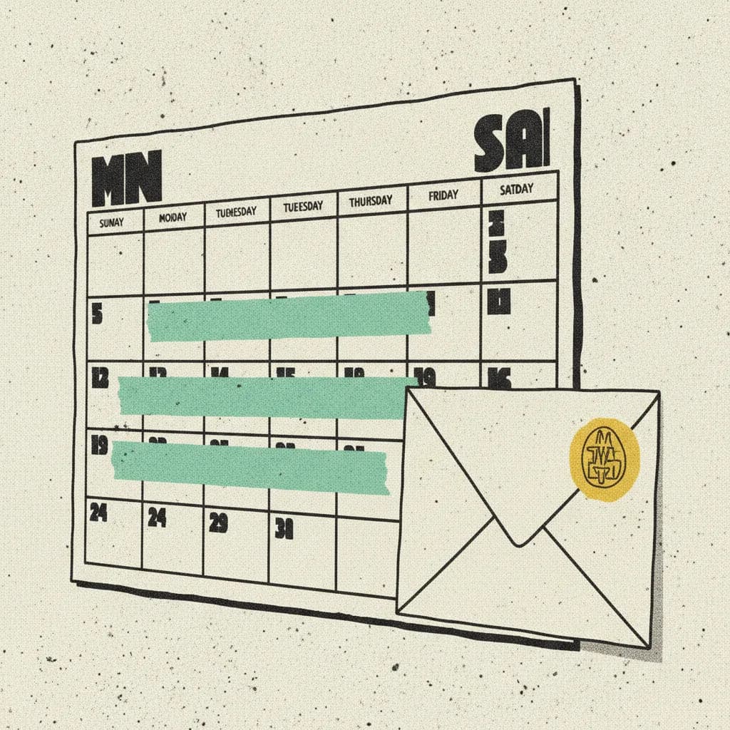 Brutalist paper illustration of a monthly wall calendar with three weeks taped in mint next to a single stamped envelope with a yellow burst.