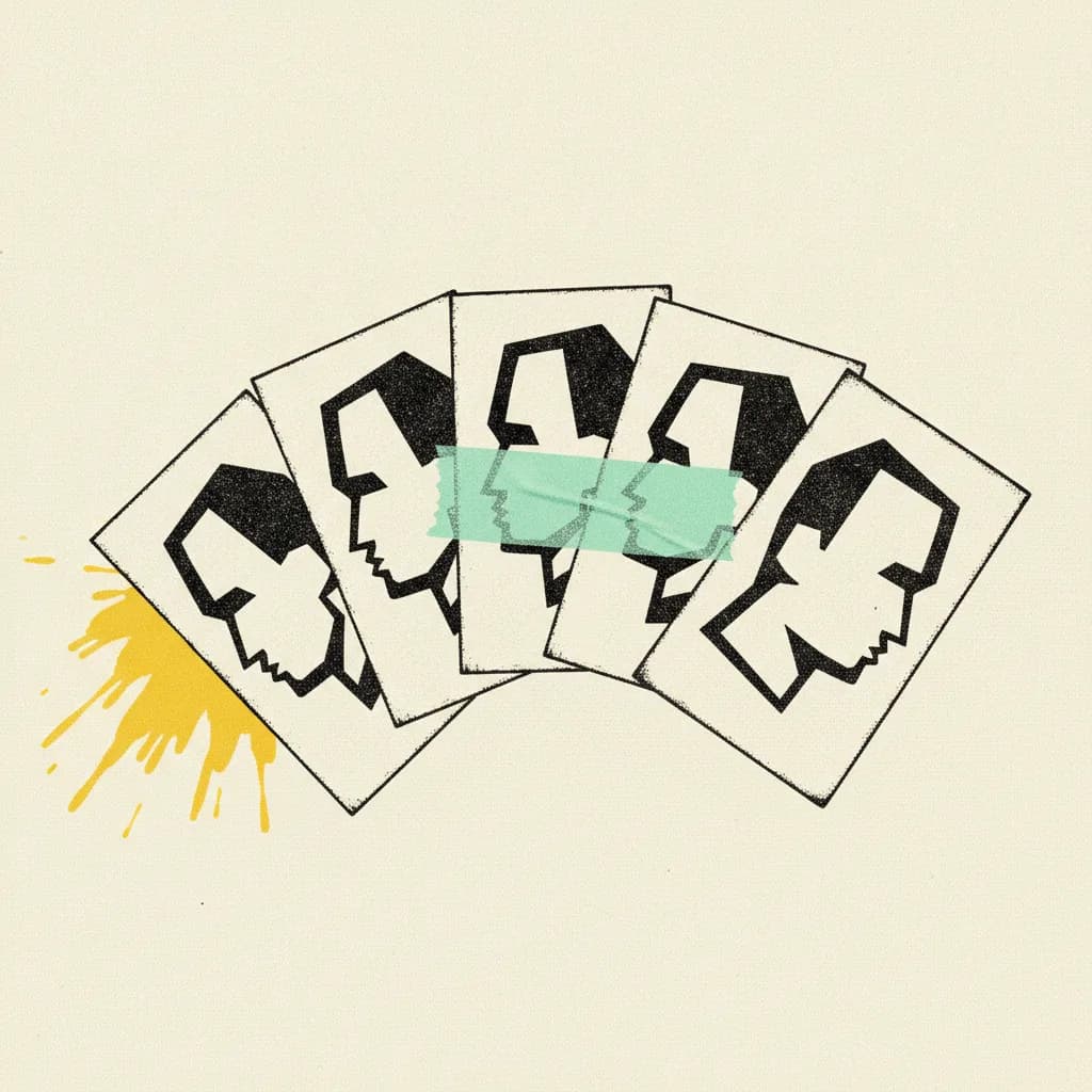 Brutalist paper illustration of five trading cards fanned out with abstract profile silhouettes, mint tape strip across the middle card and a yellow burst behind the leftmost.