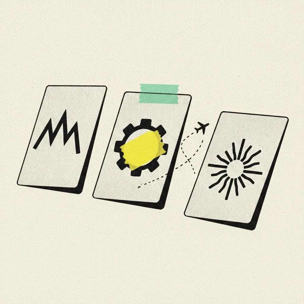 Brutalist editorial illustration of three paper passport-shaped cards on cream paper, each stamped with an abstract crest, a mint tape strip connecting two cards, a yellow highlighter blob on the centre card, and a small ink airplane with a dotted route line
