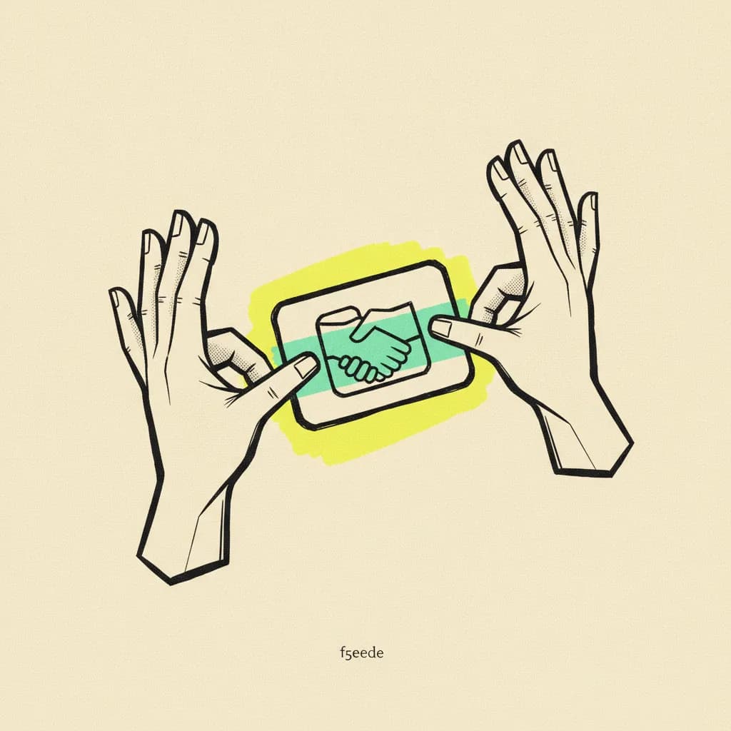 Brutalist editorial illustration of a paper Reel card passed between two upright paper hand-shapes, mint tape across the middle of the card and a yellow highlighter behind a small handshake shape.