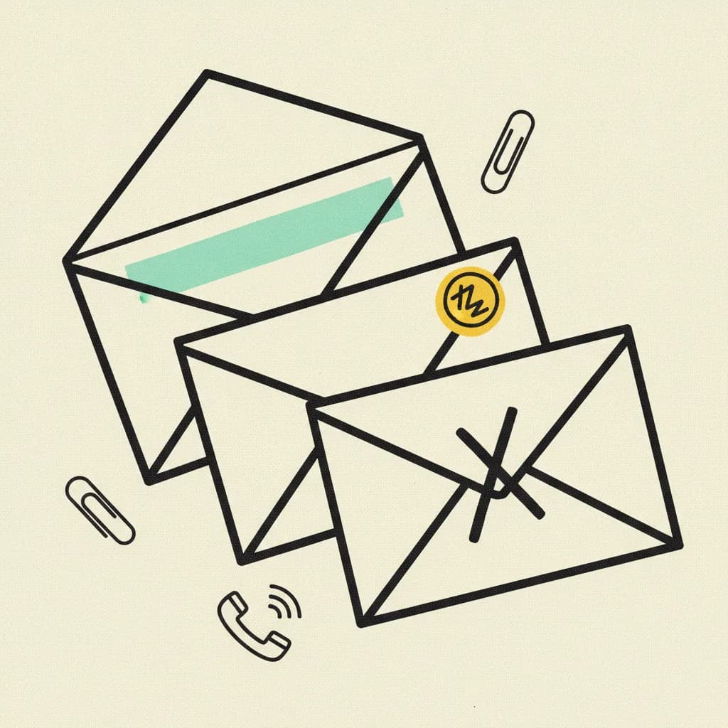 Three overlapping brutalist ink envelopes on cream paper, one open with mint tape, one sealed with yellow stamp, one crossed out.