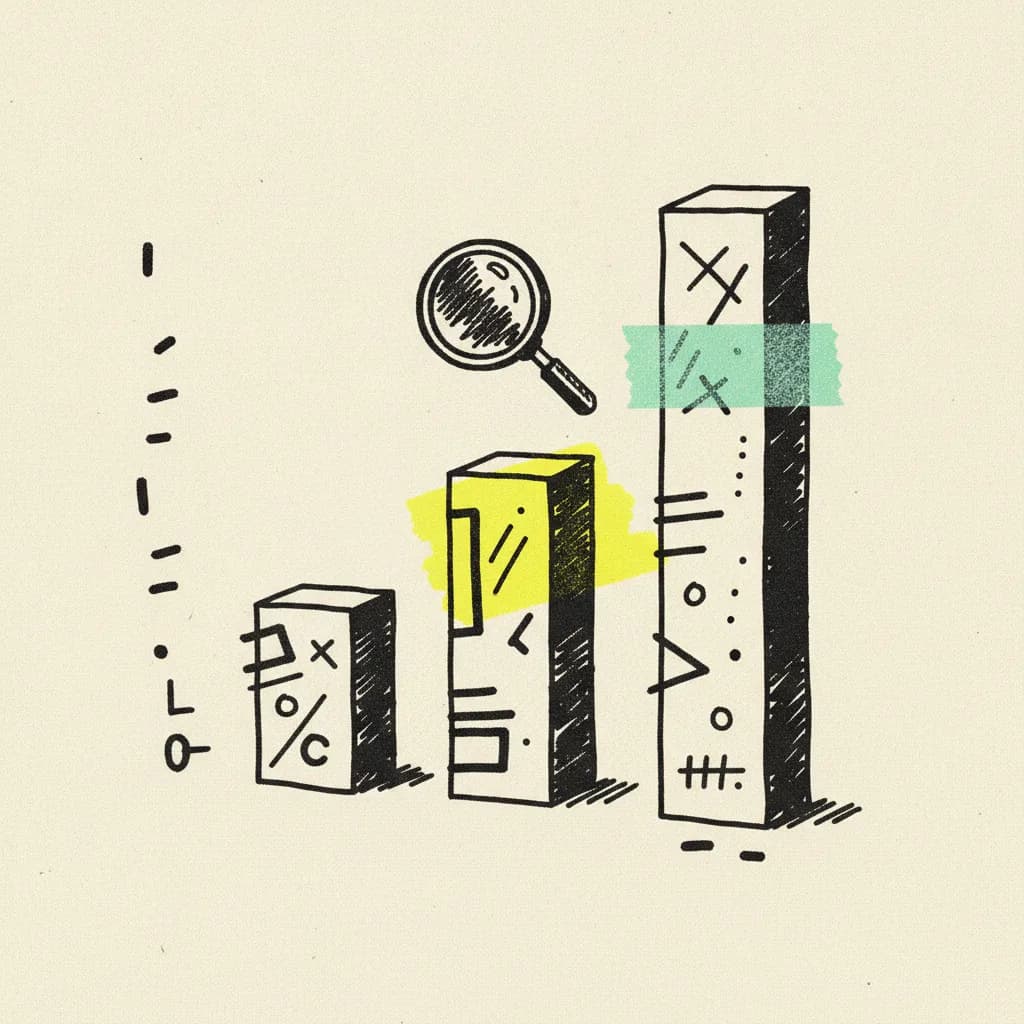 Brutalist editorial illustration of three uneven paper bar chart columns on cream paper with abstract dash marks, a mint tape strip across the tallest bar, a yellow highlighter blob behind the shortest bar, and a small ink magnifying glass hovering over the middle bar