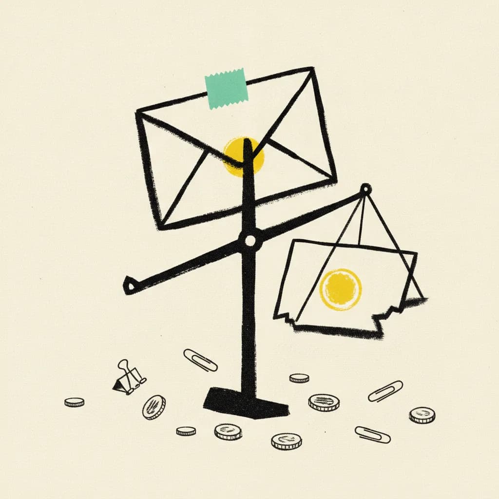 Cream envelope split into two halves balanced on a black ink scale with a mint tape seal and a yellow rubber stamp mark.