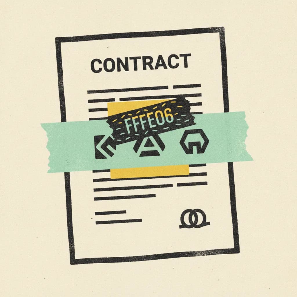 Brutalist paper contract page with a mint tape strip blocking three competing brand paper marks and a yellow highlighted rubber-stamp shape.