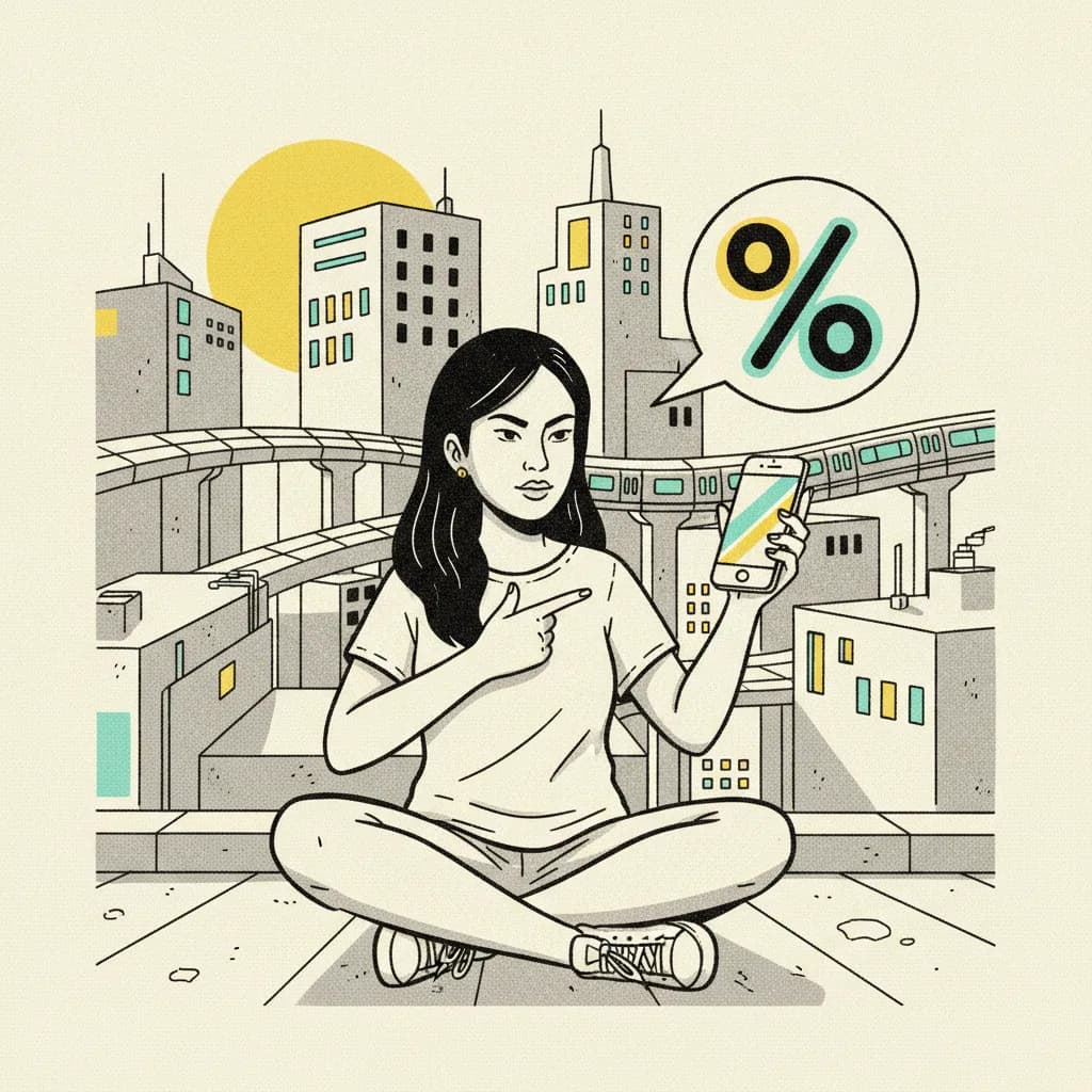 A confident Bangkok female creator on a rooftop at golden hour negotiating a percentage on her phone, BTS Skytrain behind her.