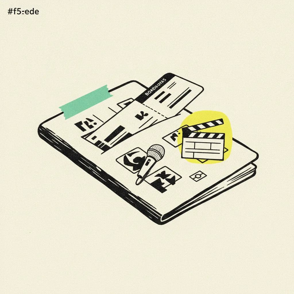 Brutalist editorial illustration of a paper passport open on cream paper with visa stamps, a small paper microphone and clapperboard resting on the pages, mint tape strip across one corner and yellow highlighter blob behind a boarding pass.