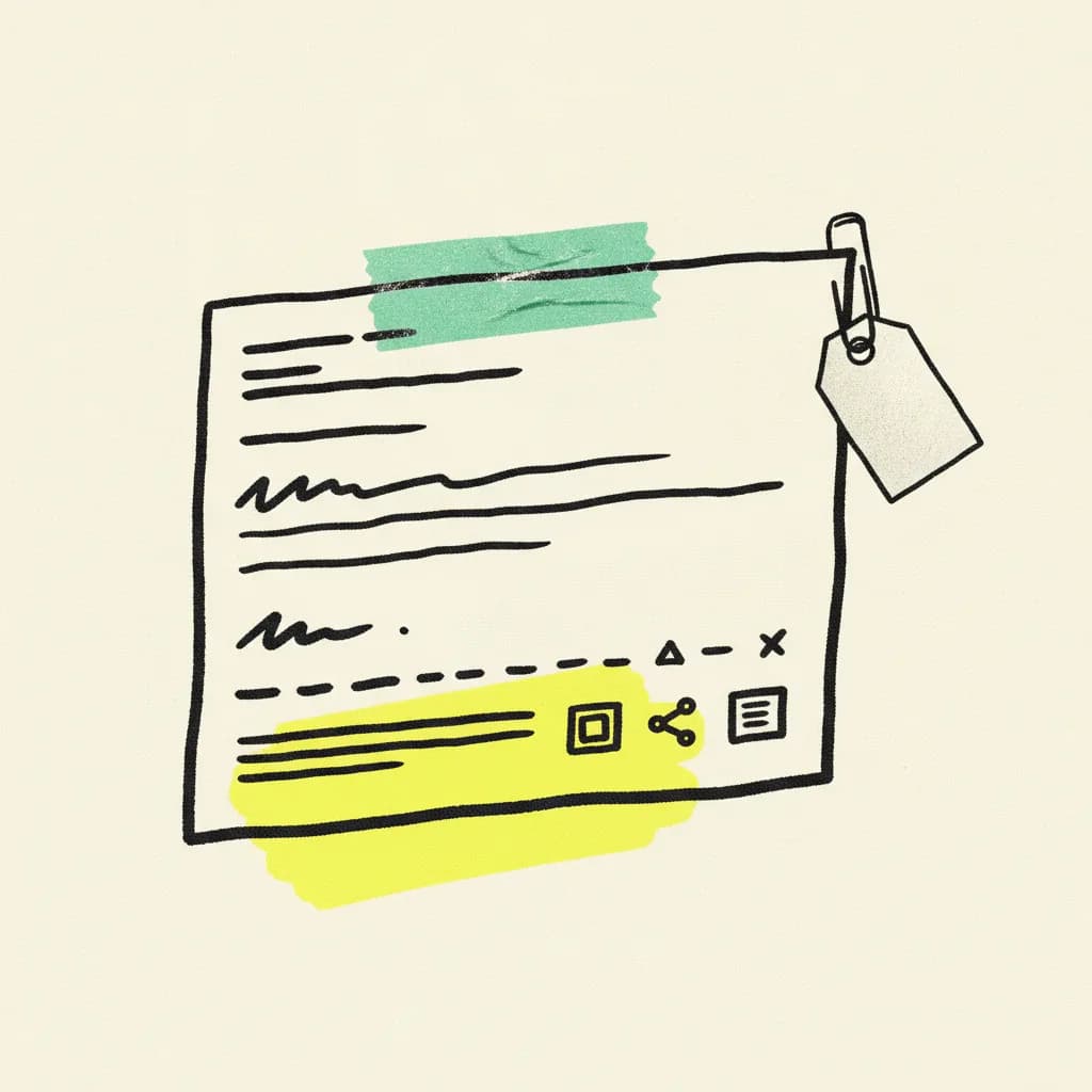 Brutalist editorial illustration of a paper Facebook-style feed card on cream paper with a mint tape strip across the top, a yellow highlighter blob behind an abstract like-and-share row, and a small paper price tag paperclipped to the corner