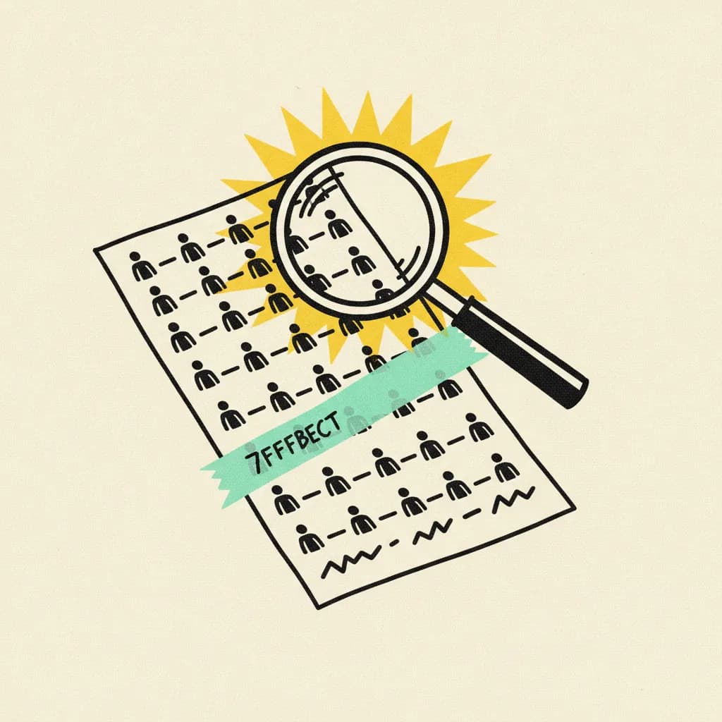 Brutalist paper follower list under a magnifying glass with a mint tape strip marking three duplicate rows and a yellow burst behind the lens.