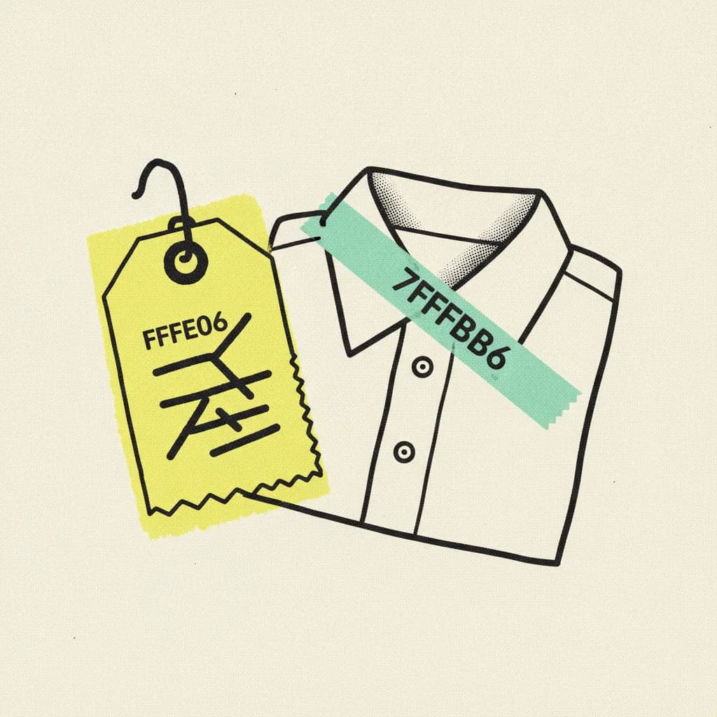 Brutalist editorial illustration of a paper clothing hangtag and folded shirt on cream paper, mint tape strip across the collar, yellow highlighter blob across the hangtag price area with abstract dash marks, small ink garment-rack hook clipped to the corner