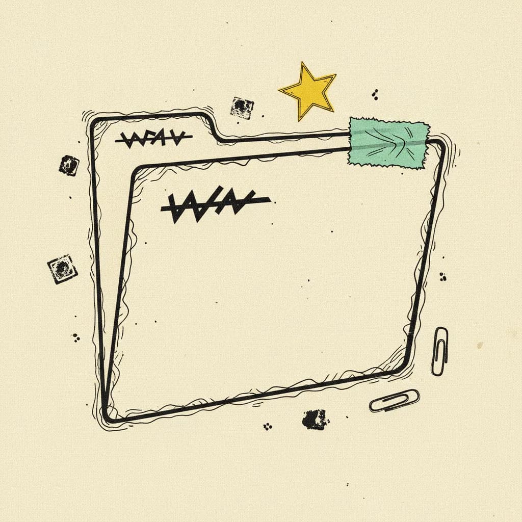 Half-open cream paper file folder with a mint tape seal and yellow star sticker, surrounded by ink drawings of stamps and paper clips.