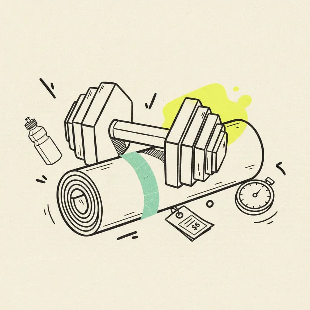 Brutalist editorial illustration of a paper dumbbell and rolled paper yoga mat on cream paper, mint tape strip across the dumbbell handle, yellow highlighter blob behind a paper price tag clipped to the mat